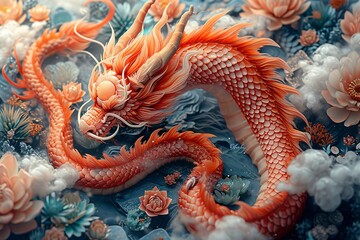 Dragon's Dream: A Fantasy Artwork of a Red Dragon with Flower Decorations Generative AI