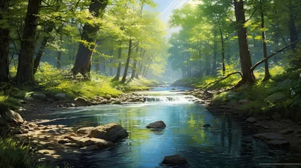 Foto op Plexiglas Serene river winding through a tranquil, sun-dappled forest. Peaceful waterway, serene woodland, dappled sunlight. Generated by AI. © Anastasia