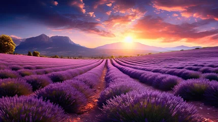 Schilderijen op glas Lush lavender fields, warm embrace, Provence sun, picturesque scene, fragrant beauty, serenity. Generated by AI. © Anastasia