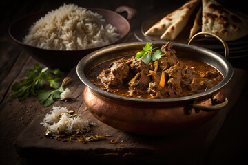 Indian dish Mutton curry in a bowl along with rice and roti on a wooden table
