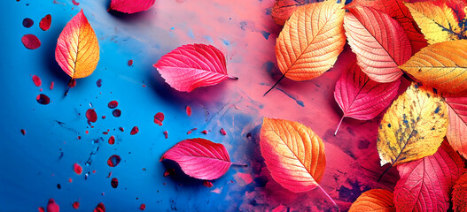 Colorful autumn leaves on a vibrant background, linden tree leaves with surreal luminous clear colors