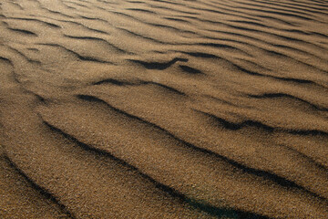 Beautiful sand waves or sand waves caused by the wind. Wind action constantly changes the height, shape, size and angle of the dunes. Ripple marks on coastal dunes caused by seasonal wind in autumn.