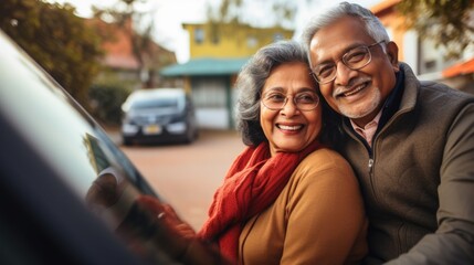 Portrait of a joyful senior couple of Indian ethnicity  with their vehicle in the outdoor - obrazy, fototapety, plakaty