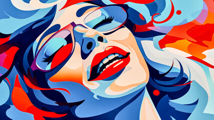 Graphic representation of a woman's face with glasses featuring distinct blue and red areas