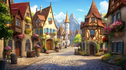 Picturesque hamlet featuring cobblestone-laden streets. Idyllic village scene, quaint cobblestone paths, historic allure. Generated by AI.