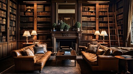 Welcoming, cozy library, walls adorned with books, inviting plush armchairs, immersive, reading experiences, relaxation. Generated by AI.