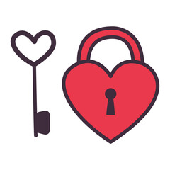 Valentines day traditional decoration. Illustrations in cartoon style. Heart-lock and key