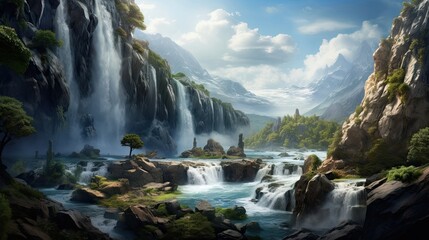 Natural beauty, scenic wonder, cascading waters, rocky terrain, picturesque landscape, mesmerizing cascade. Generated by AI.