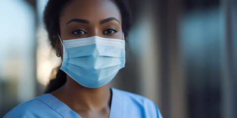 African American female nurse in a medical mask on a dark background. Medicine and health