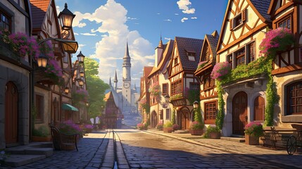 Serene settlement with winding cobblestone streets. Quaint village, meandering pathways, historic cobblestone roads. Generated by AI. - obrazy, fototapety, plakaty