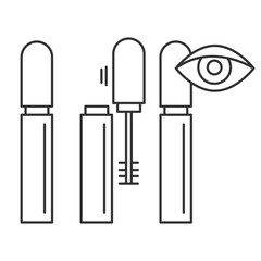 Tube of mascara icon.Closed, open with a brush, with an eye mascara tube. Simple instructions for using set.Editable Stroke. Vector illustration EPS 10
