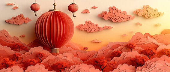 Chinese New Year Celebration: A Red Lantern and Clouds Generative AI