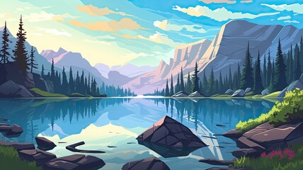 cartoon illustration of  mountain ranges, pristine lakes, and glaciers. tropical paradise rocky cliffs with tree and calm blue waters. - obrazy, fototapety, plakaty