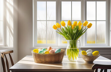 abstract home interior, yellow fresh tulips and easter eggs on the table, airy light background, big windows