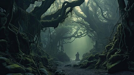 Concealed woodland veiled in mystical mist, adorned with ancient gnarled trees. Enigmatic fog, ancient forest, twisted silhouettes, magical glen. Generated by AI. - obrazy, fototapety, plakaty