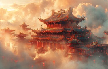 Chinese Palace in the Sky: A Spectacular View of the Red and Gold Architecture Generative AI