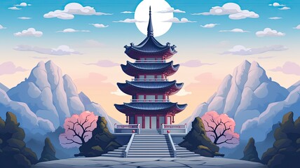 cartoon illustration of Chinese pagoda on a mountain.
