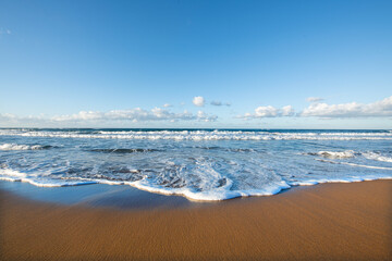 Cyprus Alagadi Turtle Beach.
View from the beach to the sea. Magnificent beach, sea and blue cloudy sky.
