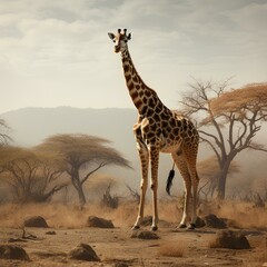 Girafe in savanna , African animal. AI generation