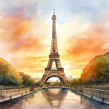 Eiffel tower watercolor illustration, AI generation