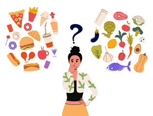 The girl compares healthy and fast food in her head. Thoughts on fresh food and junk food. Vector illustration. Diet. Concept of fresh organic and balanced food. Set for menu. Meal plan. Snacks