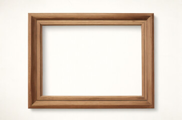 Marco vertical rectangular fino de madera clara colgado en una pared con textura blanca, plano, vista superior, ilustración 3D.