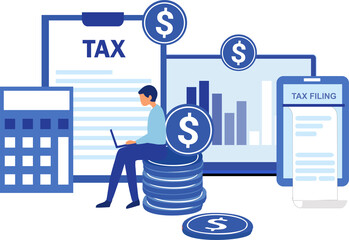 Online tax filing concept, businessman filling tax form documents online on png background