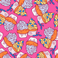 Tasty sweet cupcake dessert decorative seamless pattern for textile design, fabric print, digital or wrapping paper, wallpaper, background and backdrop, bakery shop decoration, cafe, restaurant menu.