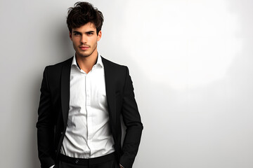 Handsome young man posing in suit on white background