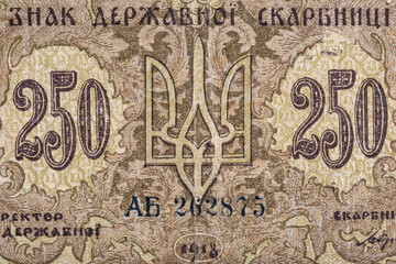 Vintage elements of old paper banknotes.Bonistics.Ukraine 250 hryvnia 1918.Fragment  banknote for design purpose.