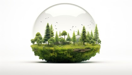 Tiny forest in a glass globe, bright future nature, white background.