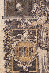 Vintage elements of old paper banknotes.Bonistics.Ukraine 1000 hryvnia 1918.Fragment  banknote for design purpose.