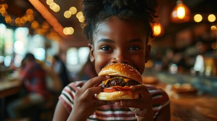 Young black girl holding a hamburger, ready to eat, in a lively diner