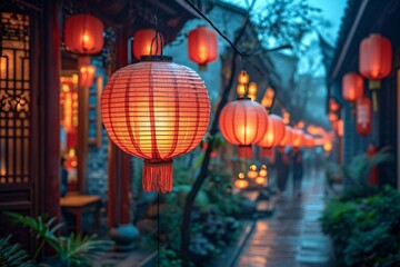 Chinese Lanterns Illuminate the Night Sky Generative AI