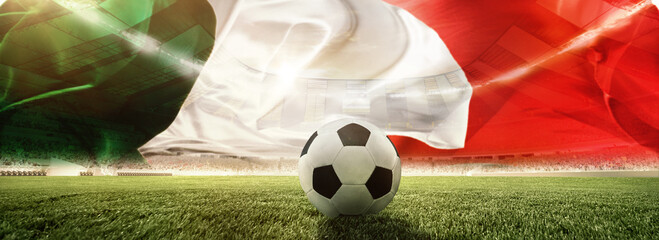 Promotion of international football events. Soccer ball on grass field, stadium with national...