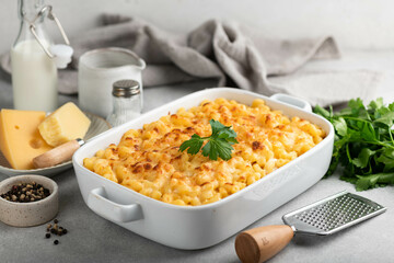 Mac and cheese, traditional american dish, selective focus