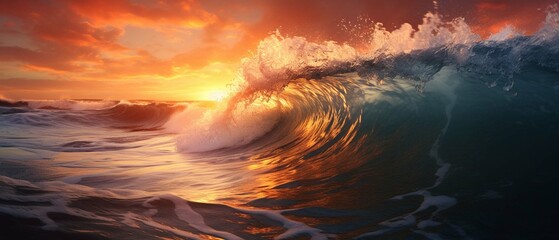 High waves at sunset over the sea