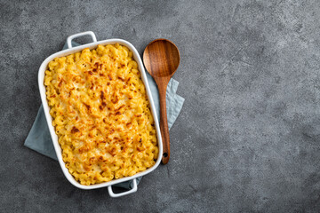 Mac and cheese, traditional american food, top view, copy space