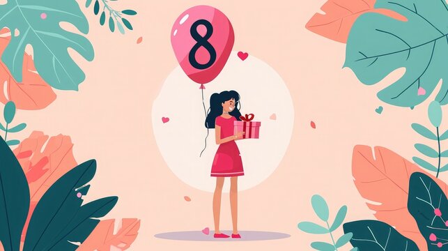 Beautiful greeting card for International Women's Day with young woman holding gift and balloon in shape of figure 8