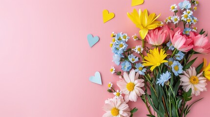 Bouquet of beautiful spring flowers and paper hearts on pastel pink table for Happy mothers day. Flat lay.