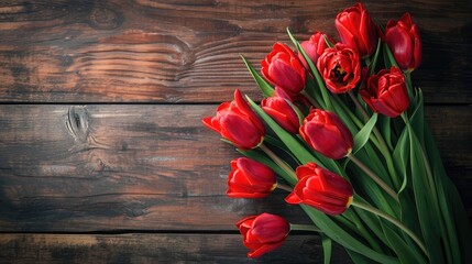 Naklejka na ściany i meble Bouquet of red tulips on a wooden background. Spring flowers. Mother's Day background.