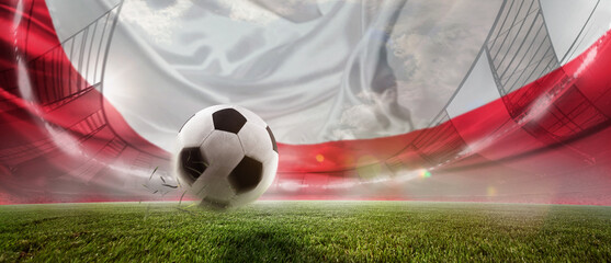 Promotion of football events. Soccer ball bouncing field, stadium with national attribute, flag of...