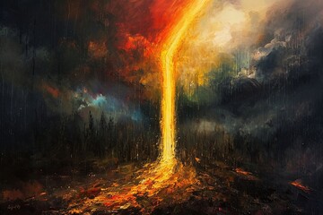 Oil painting of a wide vertical rainbow beam crashing to the ground from high in the sky and scorching the gound. close up view. black clouds. forest. fire. 