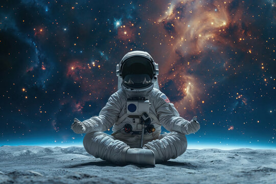 Astronaut meditating in lotus pose against a vibrant cosmic background