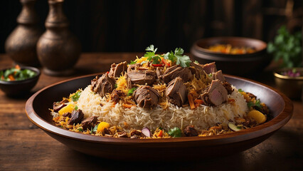 culinary experience with a side view of a traditional plate of lamb biryani wooden table serves as the canvas for this gastronomic masterpiece