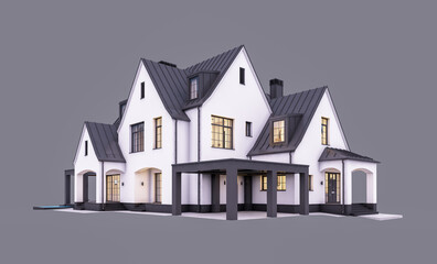 3d rendering of cute cozy white and black modern Tudor style house with parking  and pool for sale or rent with beautiful landscaping. Fairy roofs. In evening Isolated on gray