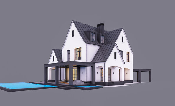 3d rendering of cute cozy white and black modern Tudor style house with parking  and pool for sale or rent with beautiful landscaping. Fairy roofs. In evening Isolated on gray