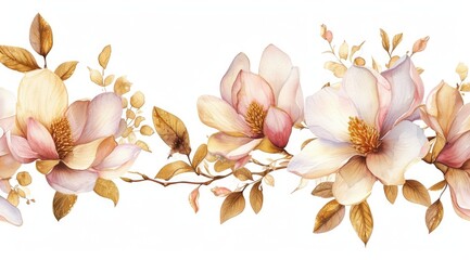 Watercolor magnolia flowers isolated on white background, gold leaves