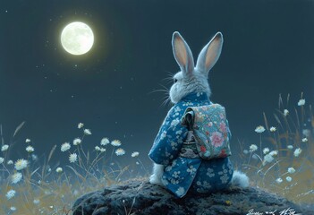 Rabbit in a Kimono, Staring at the Moon Generative AI