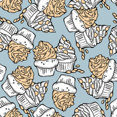 Tasty sweet cupcake dessert decorative seamless pattern for textile design, fabric print, digital or wrapping paper, wallpaper, background and backdrop, bakery shop decoration, cafe, restaurant menu.